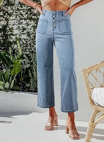 Retro Indigo Striped Wide-Leg High-Waist Jeans Detail