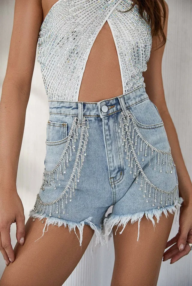 Sexy Fringe Rhinestone Chain Denim Shorts Detail