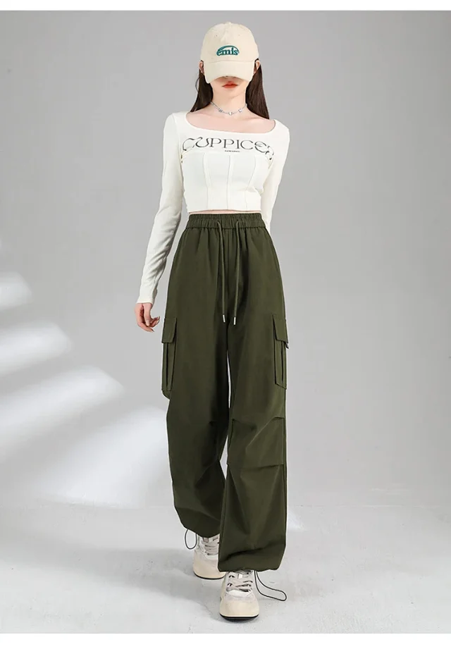 Ankela Red 2025 Fall Drawstring Cargo Pants Detail