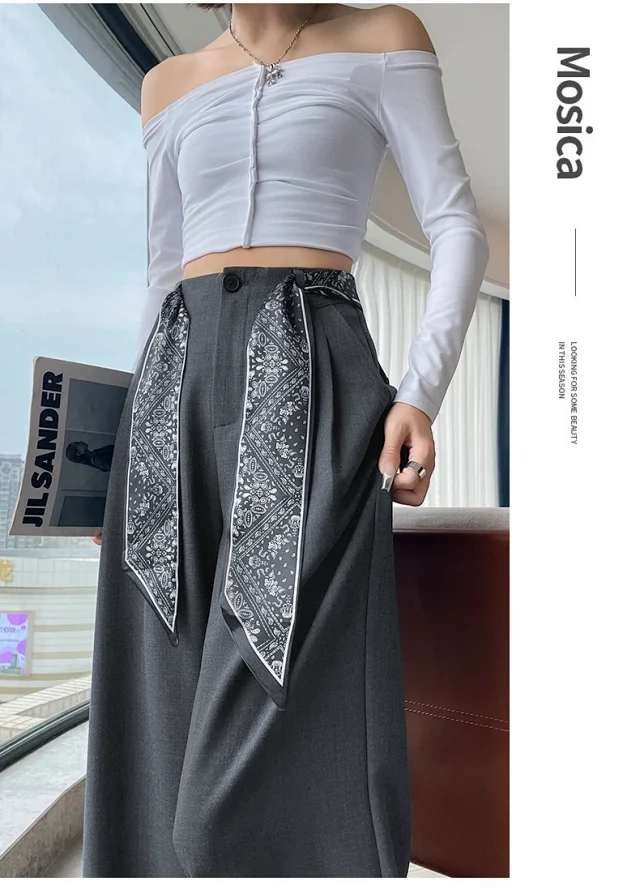 2025 Women's Wide-Leg High-Waist Suit Pants with Scarf Belt Detail