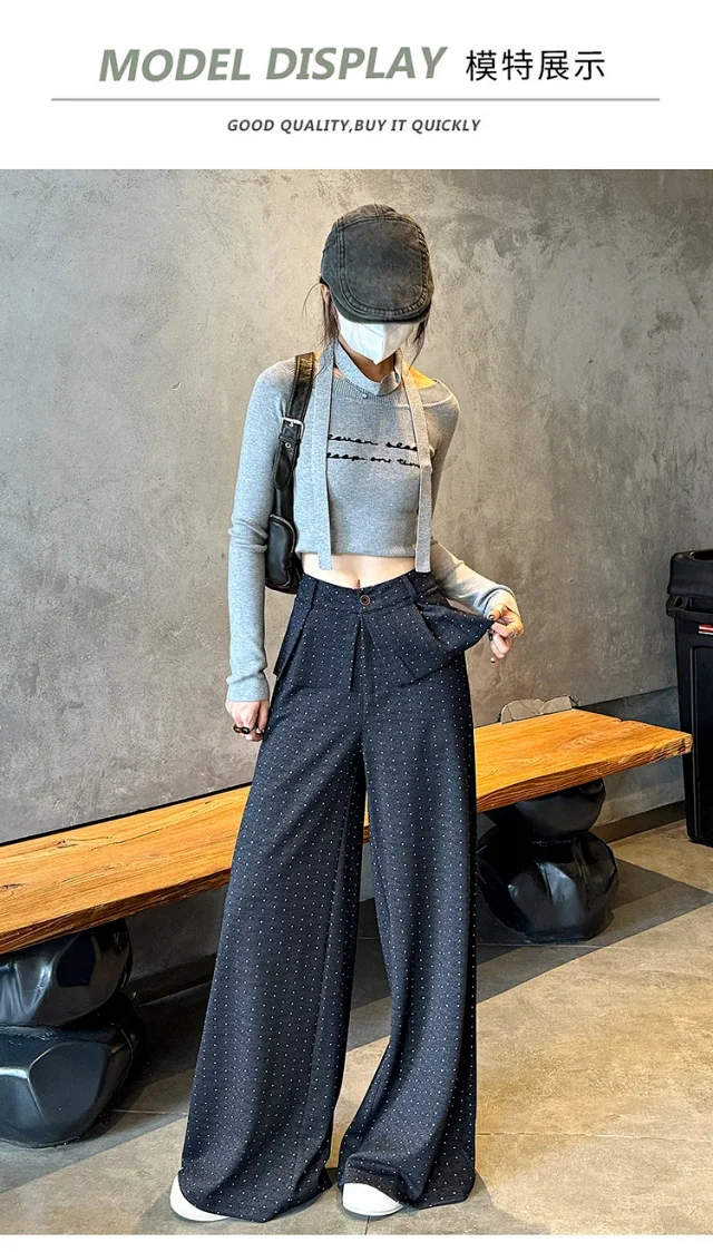 2025 AW Korean Ins Woolen Polka Dot Wide-Leg Pants Detail