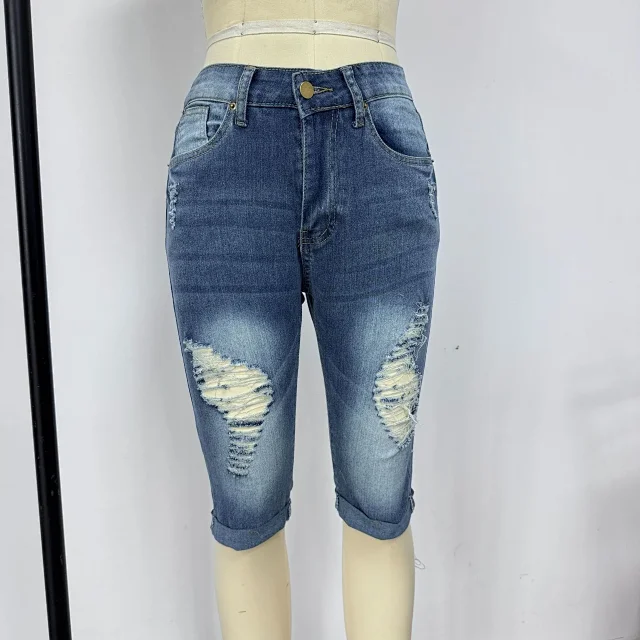 2025 Export-Sourced Slim-Fit Euro-American Hot Girl Jeans (Women's, 7/8 Length, Ripped) Detail