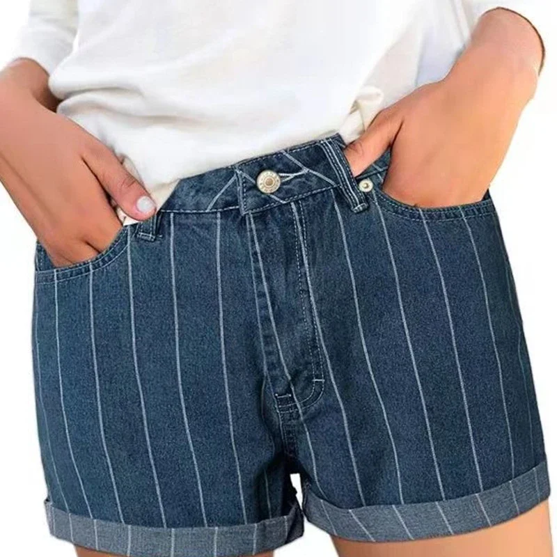 High-waisted Striped Cuffed Denim Shorts for Women