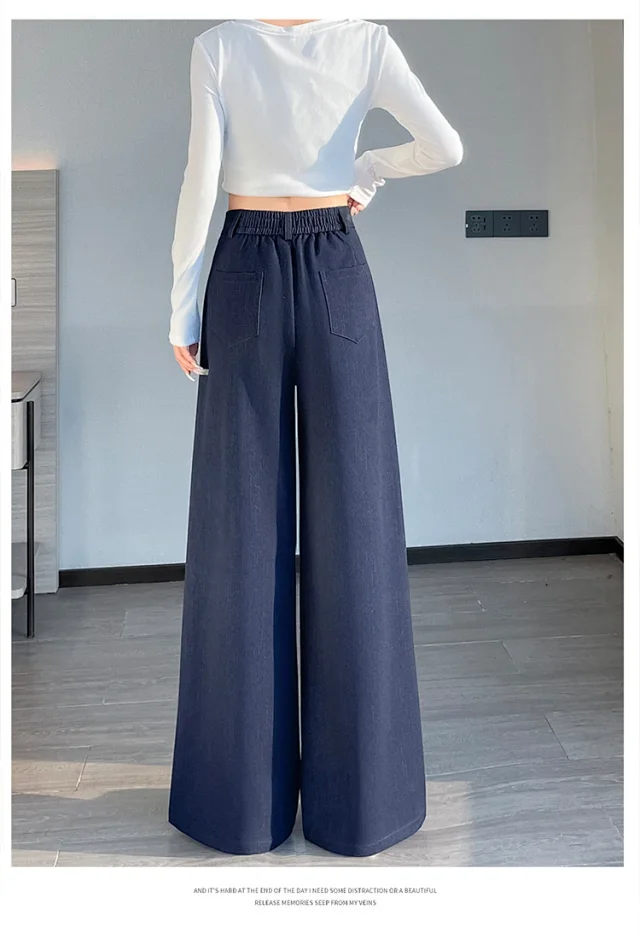 2025 Autumn Denim Blue High - waisted Wide - leg Pants for Women Detail