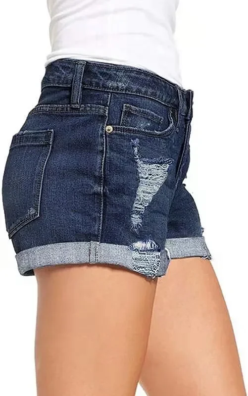 High-waisted Ripped Cuffed Denim Shorts for Women Detail