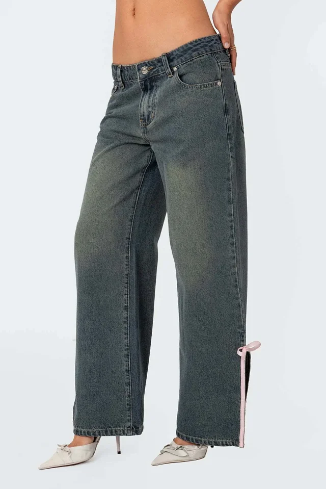 European Fashion New Micro-flared Mid-rise Slim Bow Side Split Jeans Detail
