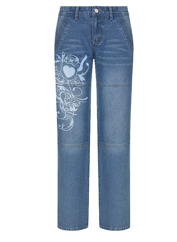 Street-style Irregular Print Loose Jeans Detail