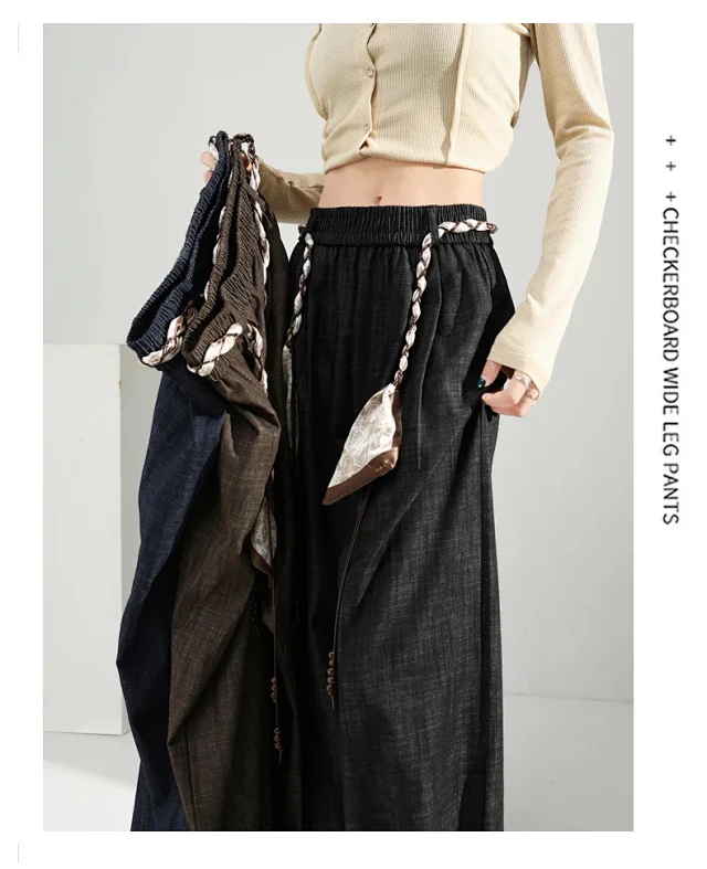 Women's 2025 Early Autumn Silk Scarf Tie Wide-Leg Pants Detail