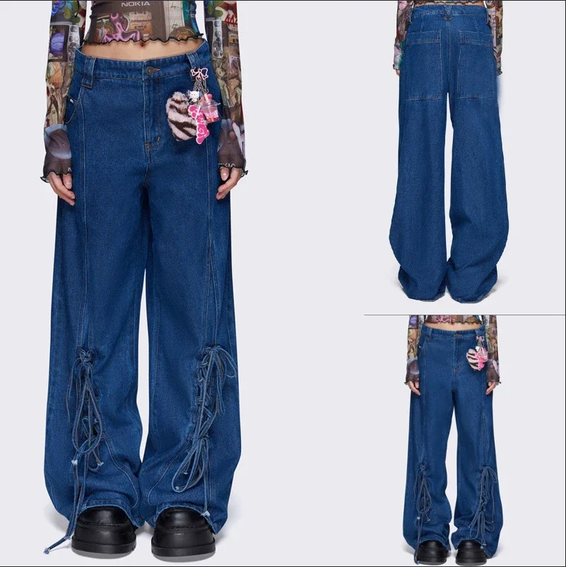 Women's Retro Tie-Decorated Wide-Leg Denim Pants