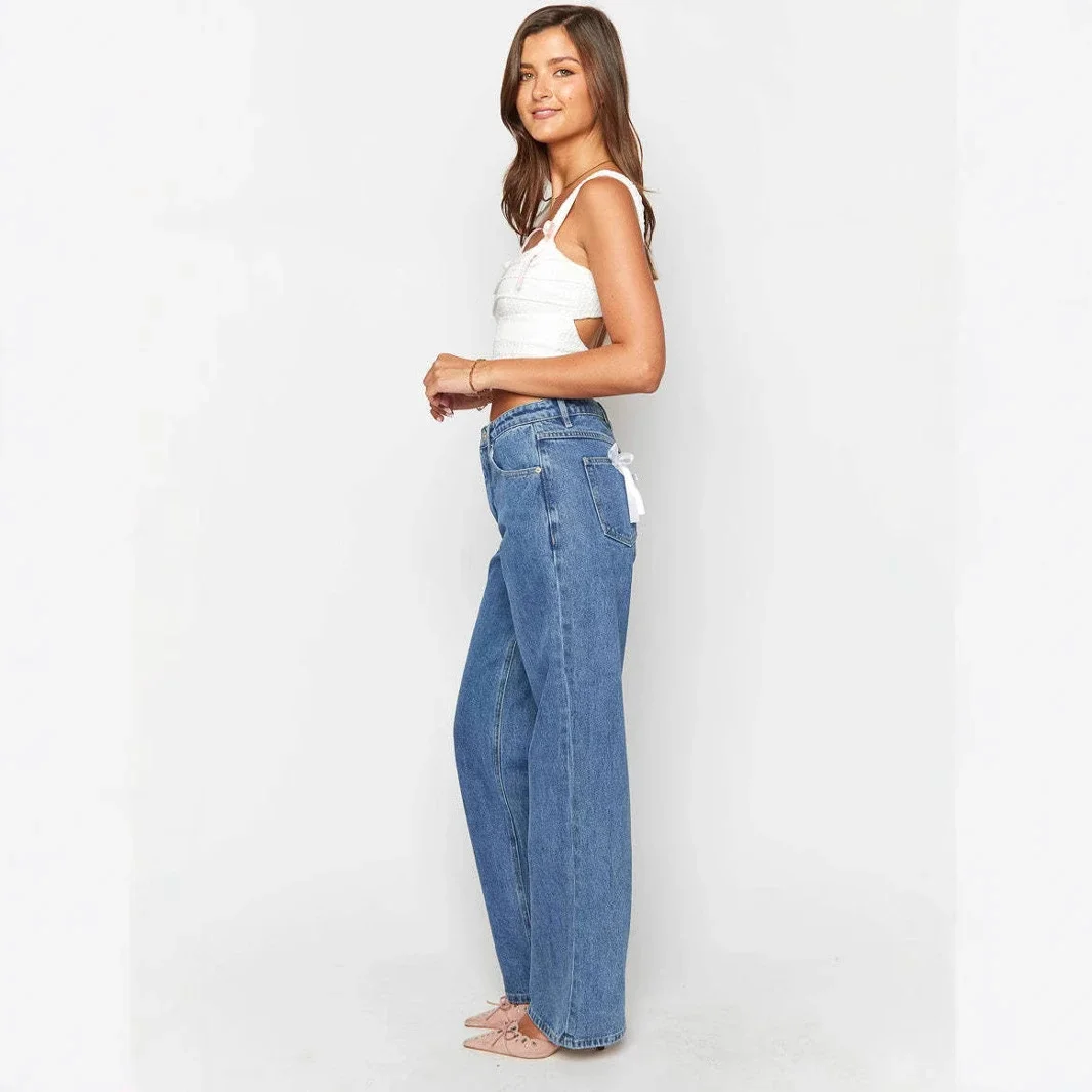 High-Waist Bowknot Straight Jeans for Women