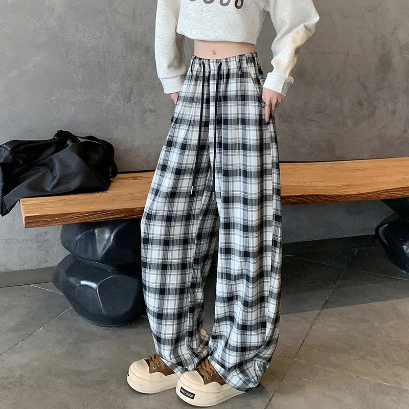 Women's 2025 Fall High-Waist Drawstring Plaid Pants