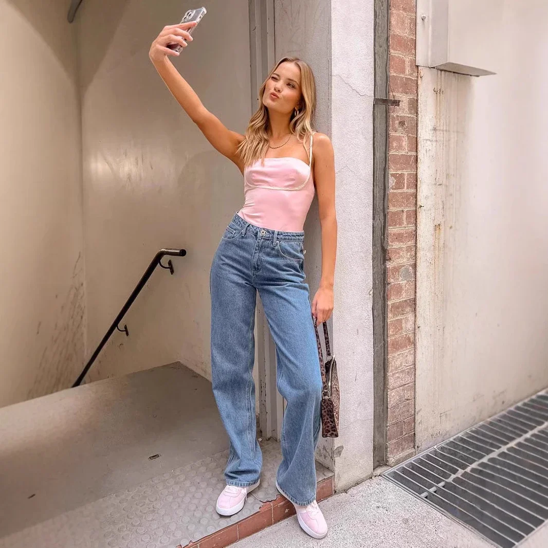 High-Waist Bowknot Straight Jeans for Women