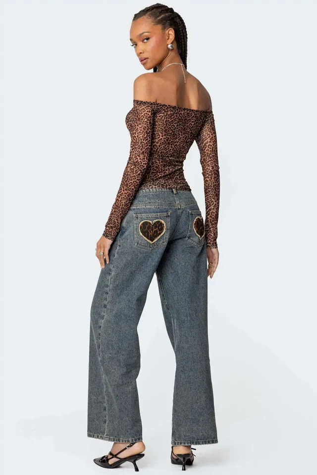 Low - Waist Leopard - Print Pocket Wide - Leg Jeans Detail