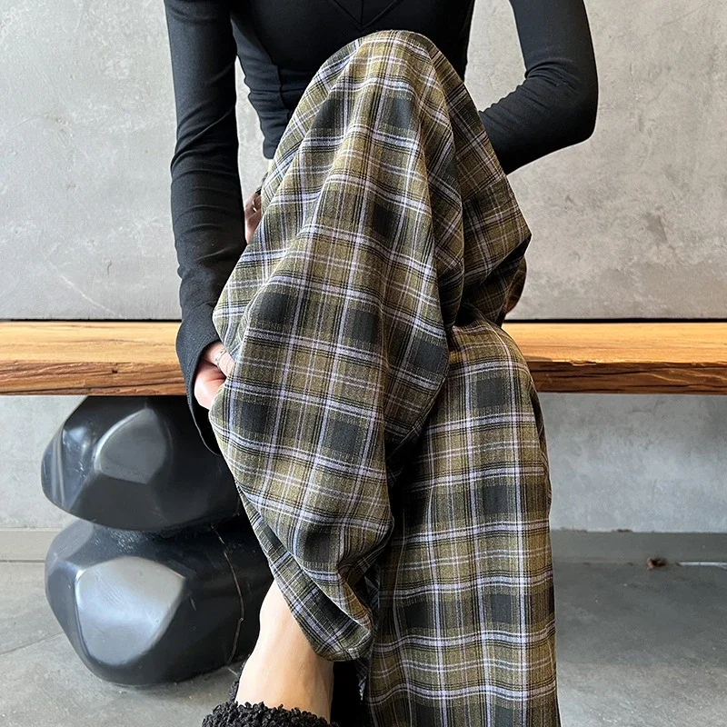 Women's 2025 Fall High-Waist Drawstring Plaid Pants