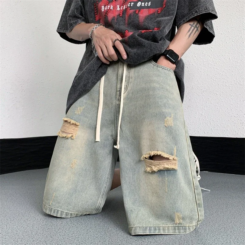 Men's Yellowish - Brown Ripped Denim Shorts