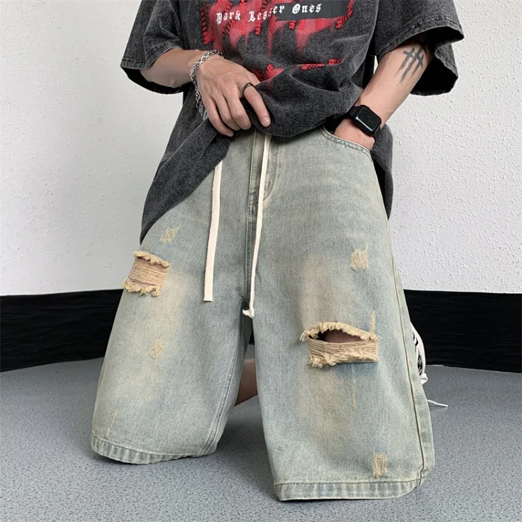 Men's Yellowish - Brown Ripped Denim Shorts