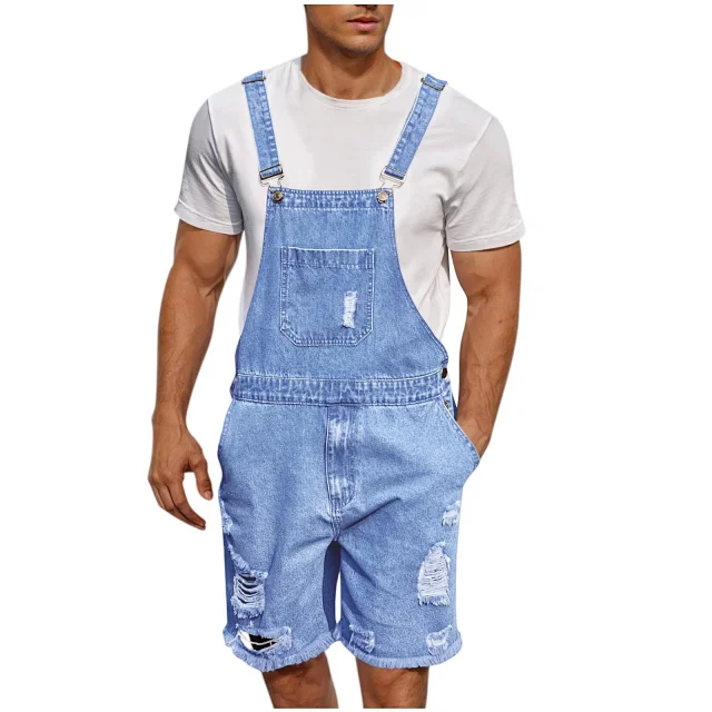 TEMU Big Size Ripped Men's Denim Bib Shorts Detail