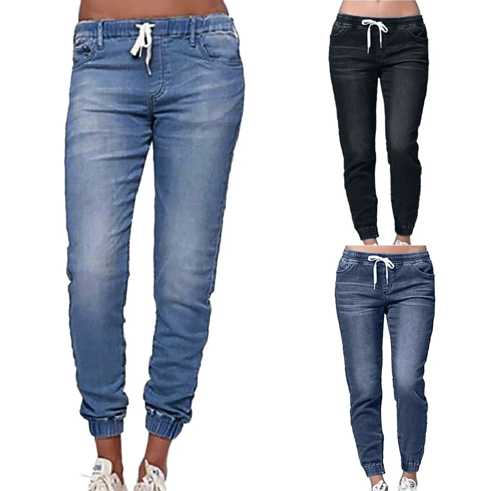 Elastic Waist Drawstring Low-Rise Denim Pants for Women