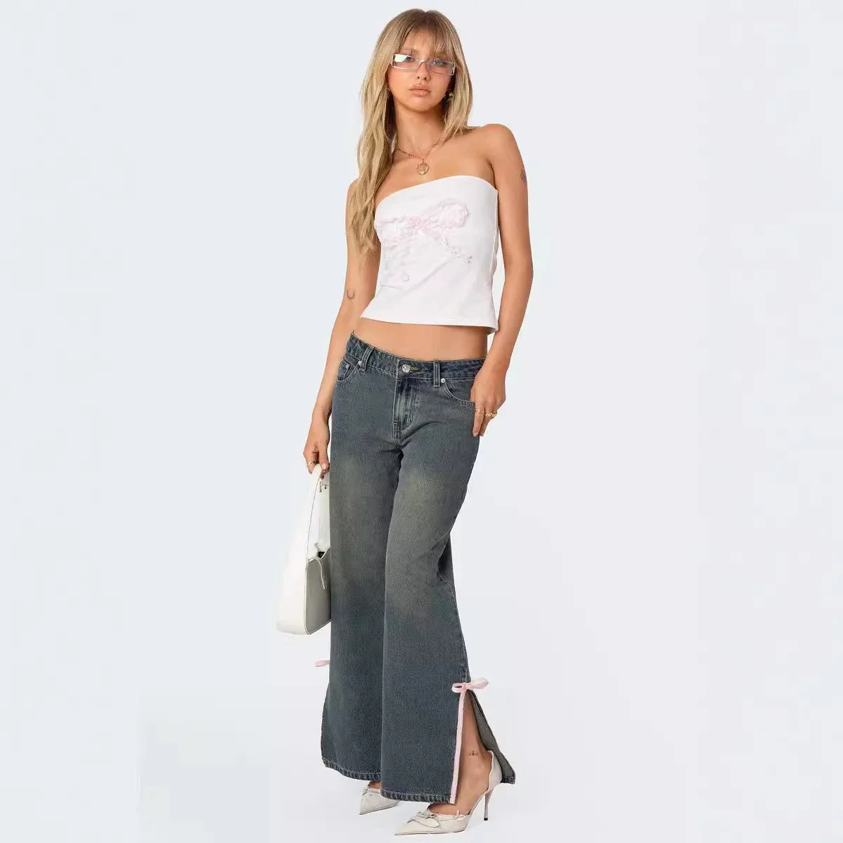 European Fashion New Micro-flared Mid-rise Slim Bow Side Split Jeans