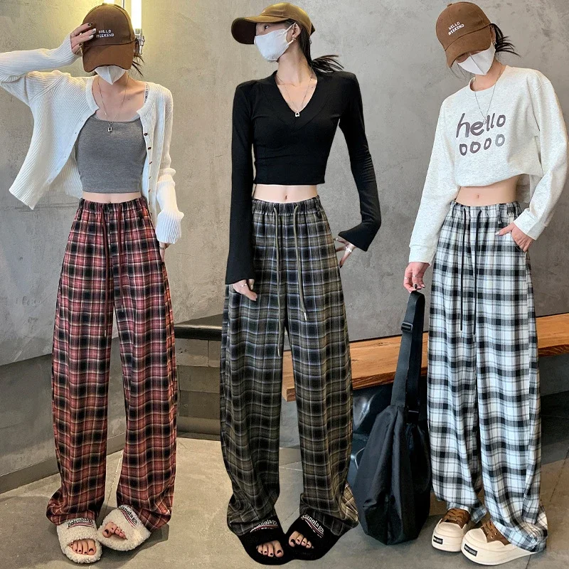 Women's 2025 Fall High-Waist Drawstring Plaid Pants
