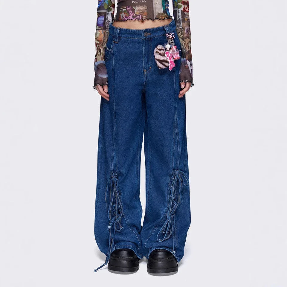 Women's Retro Tie-Decorated Wide-Leg Denim Pants