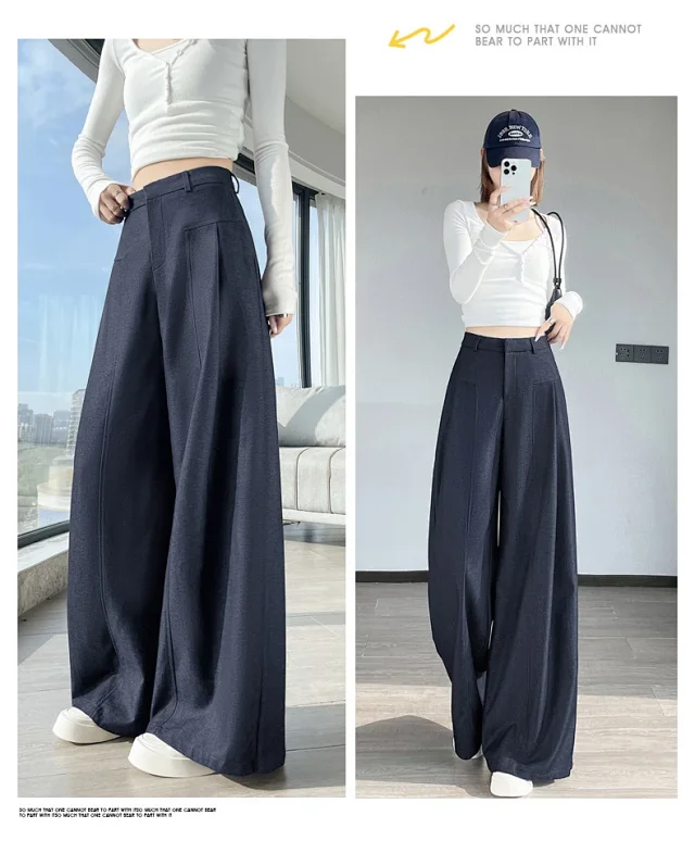 2025 Fall Old Money Style Navy Faux Denim Wide-Leg Pants for Women Detail