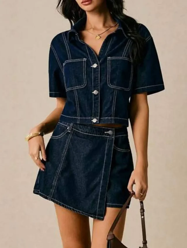 European and American Denim Shirt & Skirt/Pants Set Detail