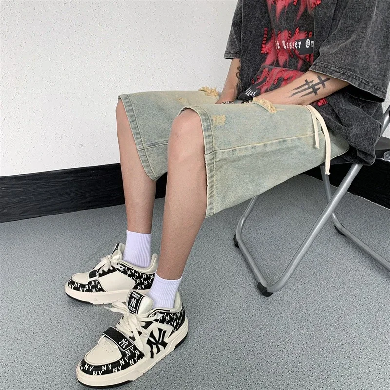 Men's Yellowish - Brown Ripped Denim Shorts
