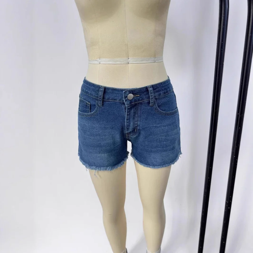 Mid-Rise Stretch Fringe Denim Shorts for Women