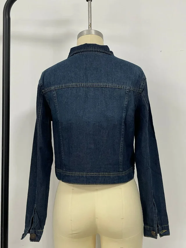 European Sourced Spring Autumn Women's Slim Fit Collarless Solid Single - Breasted Street Style Short Denim Jacket Detail