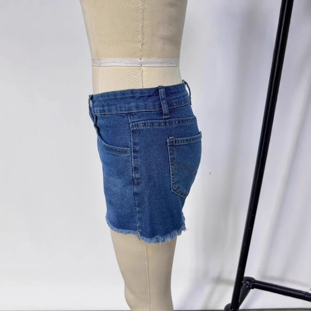 Mid-Rise Stretch Fringe Denim Shorts for Women