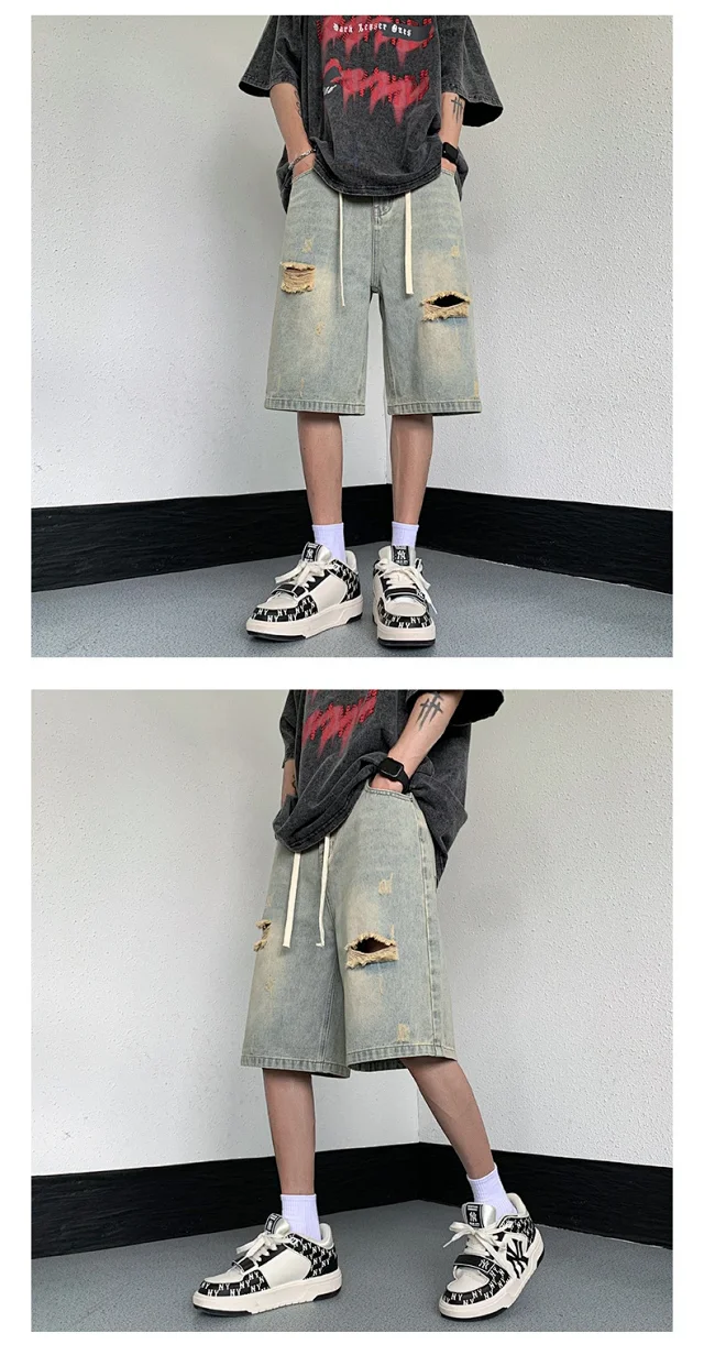 Men's Yellowish - Brown Ripped Denim Shorts Detail