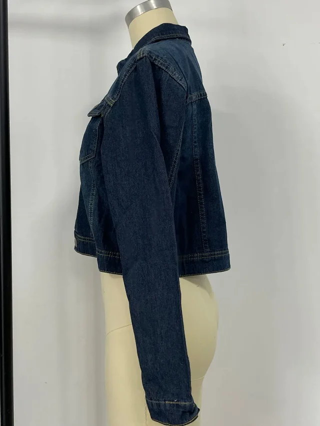 European Sourced Spring Autumn Women's Slim Fit Collarless Solid Single - Breasted Street Style Short Denim Jacket Detail