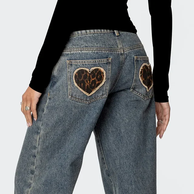 Low - Waist Leopard - Print Pocket Wide - Leg Jeans Detail