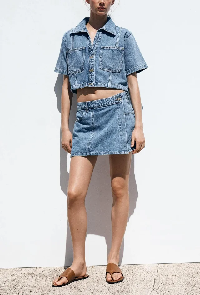European and American Denim Shirt & Skirt/Pants Set Detail