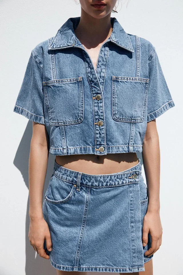 European and American Denim Shirt & Skirt/Pants Set Detail