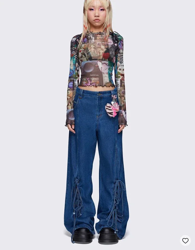 Women's Retro Tie-Decorated Wide-Leg Denim Pants Detail