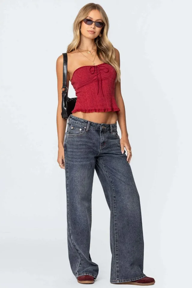 Wide-Leg Low-Waist Retro Denim Pants for Women Detail