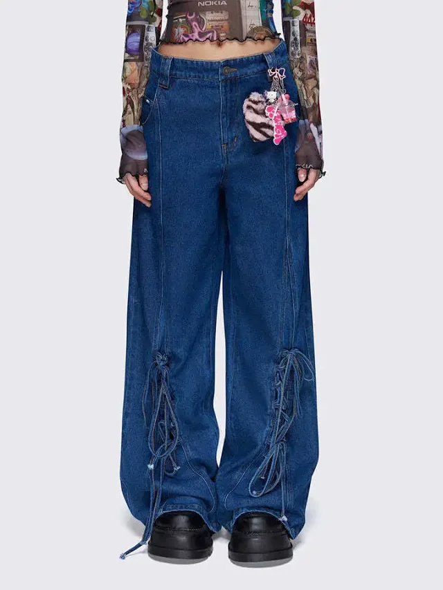 Women's Retro Tie-Decorated Wide-Leg Denim Pants Detail