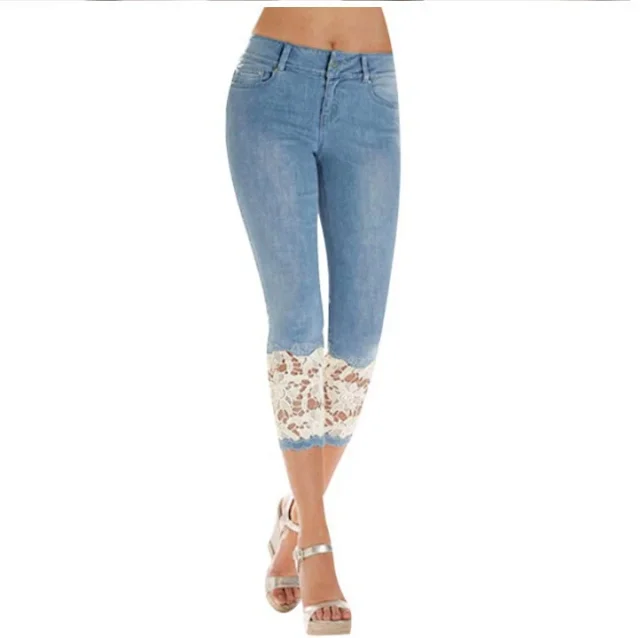 European & American Lace Hem Slim Fit Jeans Detail