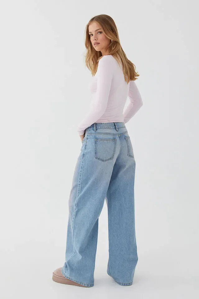 Retro Gray Distressed Wide-Leg High-Waist Jeans Detail