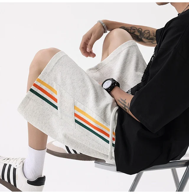 Men's Summer Sporty Basketball Shorts with Rainbow Stripe Detail