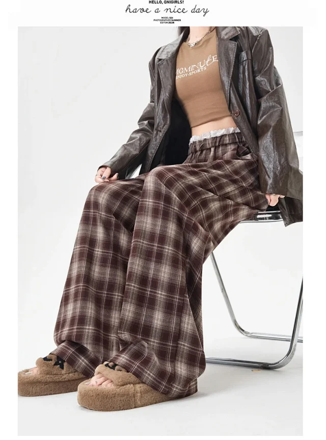 Lace Trimmed Plaid Wide-Leg Pants for Women Detail