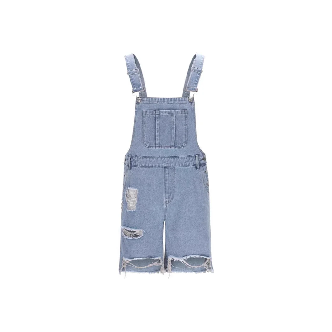 Men's Denim Suspender Shorts with Ripped Design