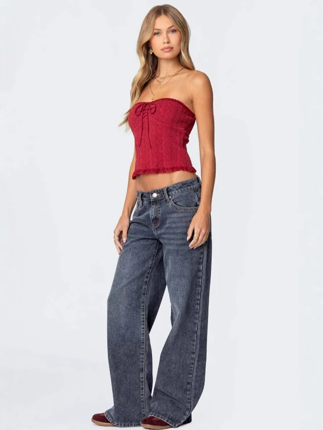 Wide-Leg Low-Waist Retro Denim Pants for Women Detail