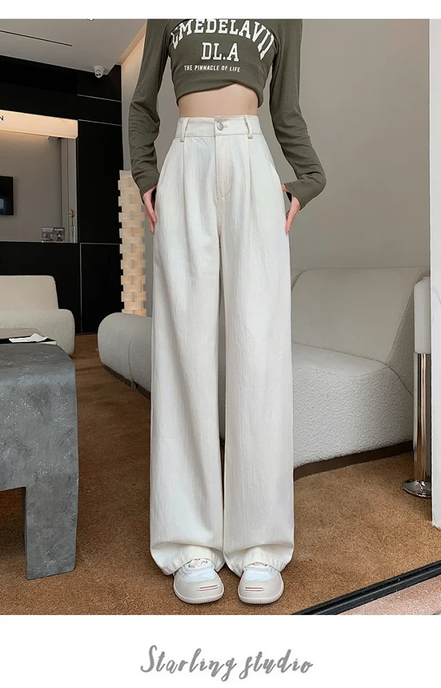 2025 Blue Striped Wide-Leg Pants for Pear-shaped Women Detail
