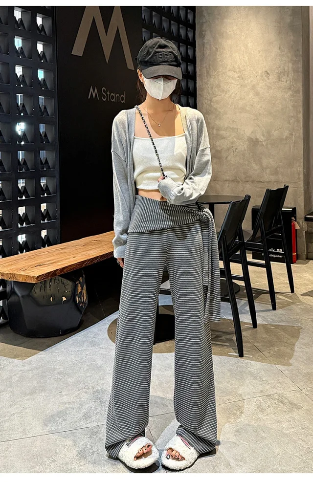 Women's 2025 Autumn Strap Striped Wide - leg Pants Detail