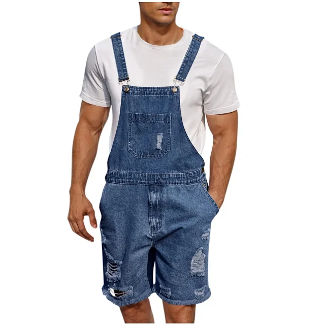 TEMU Big Size Ripped Men's Denim Bib Shorts Detail