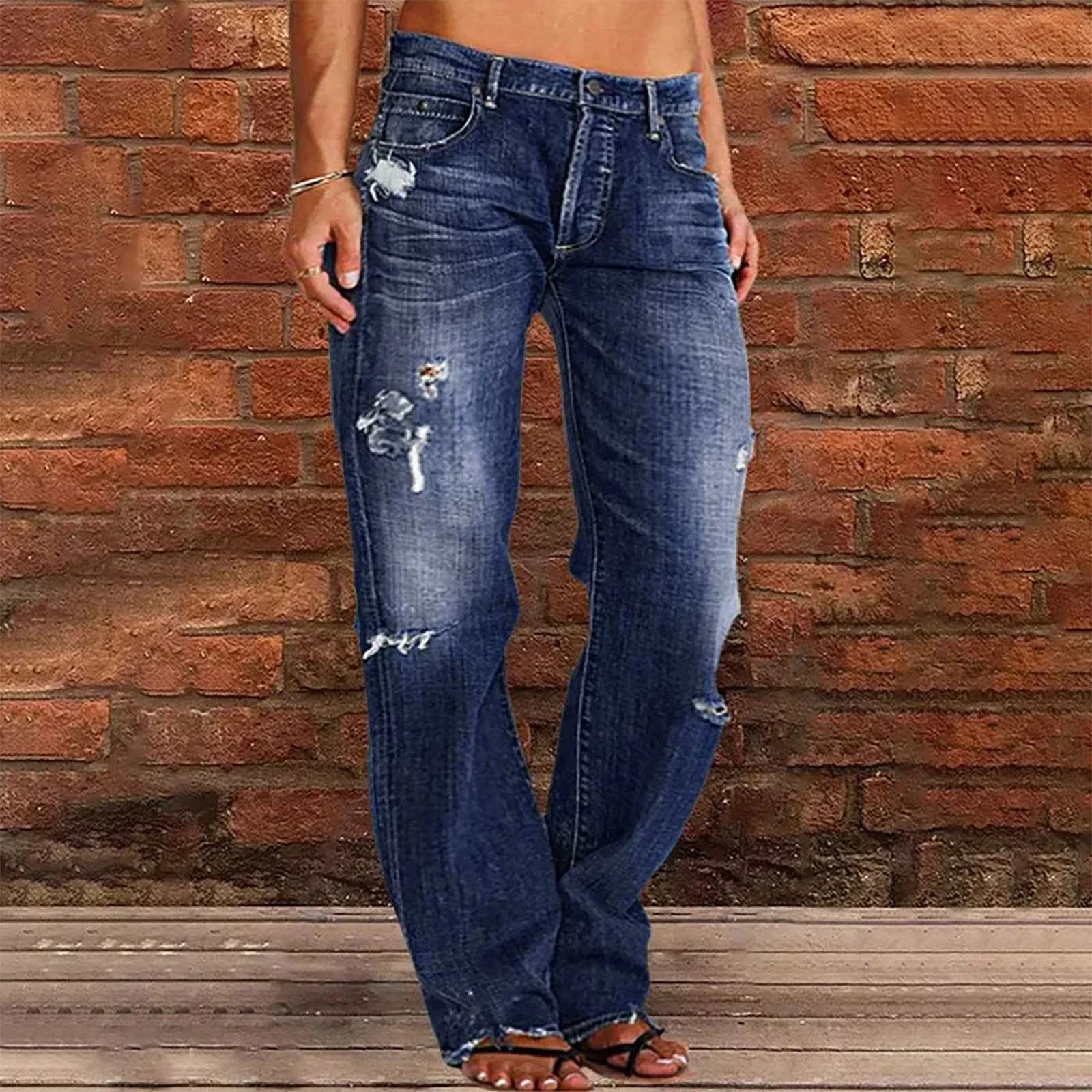 Women's Trendy Distressed Mid - rise Straight Jeans