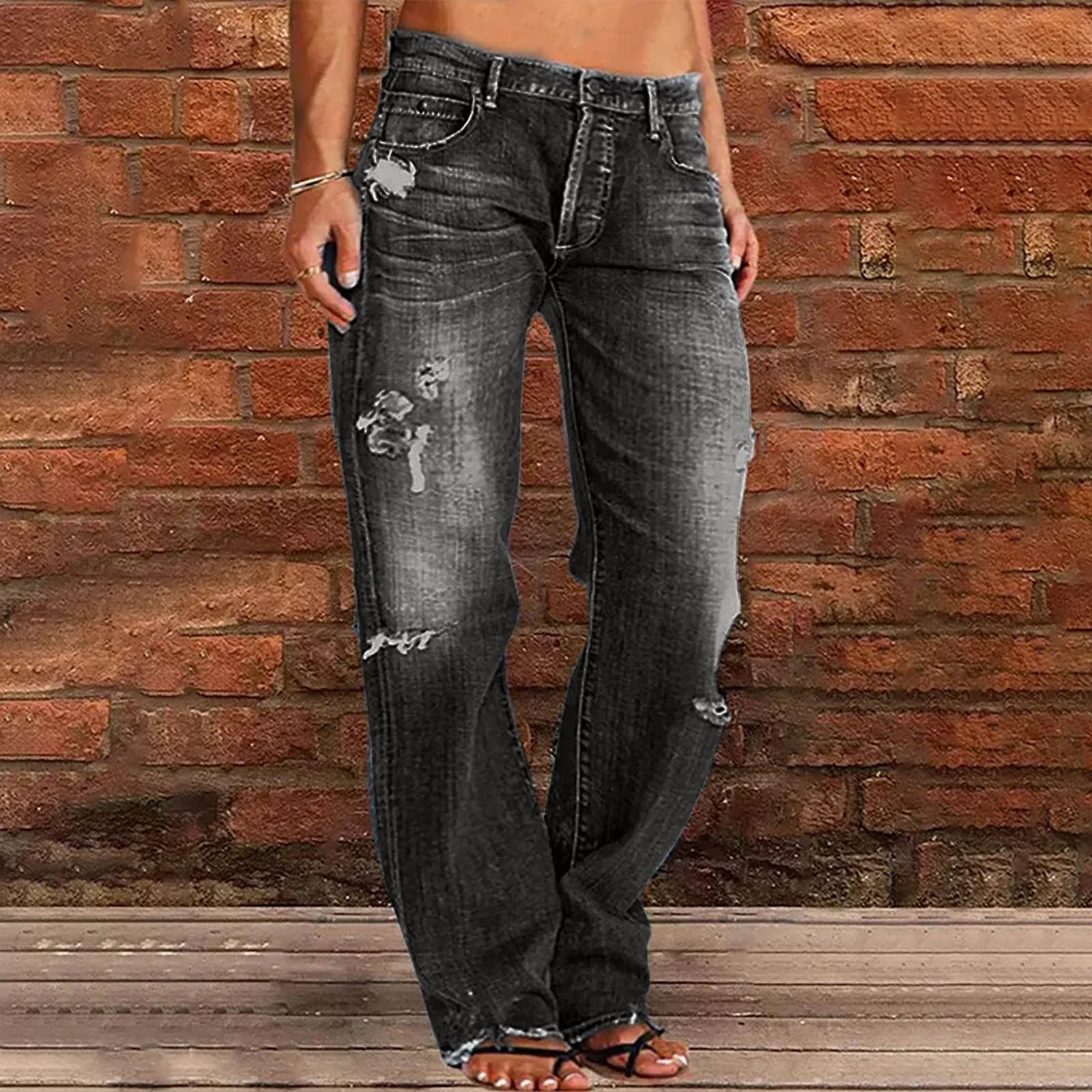 Women's Trendy Distressed Mid - rise Straight Jeans